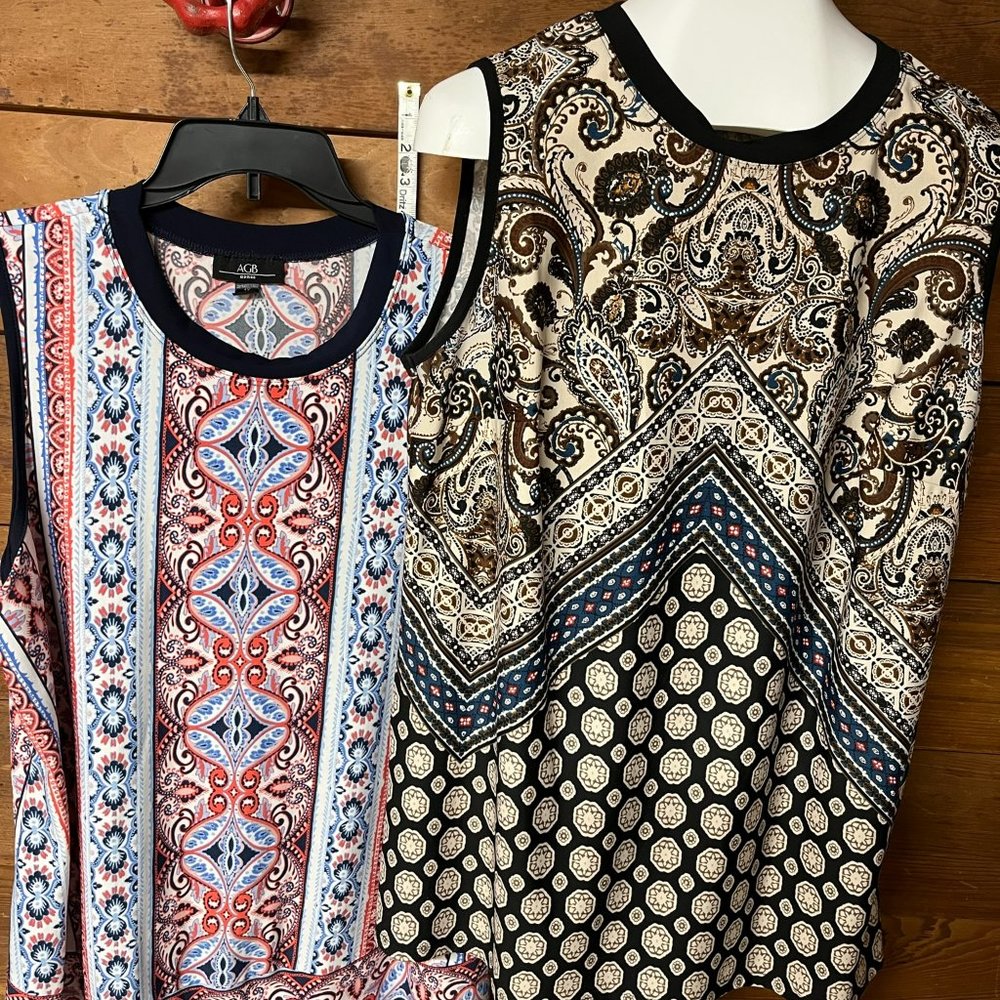 Two Women Sleeveless Top Tunic - AGB - 1X - Red & Blue and Brown Tones